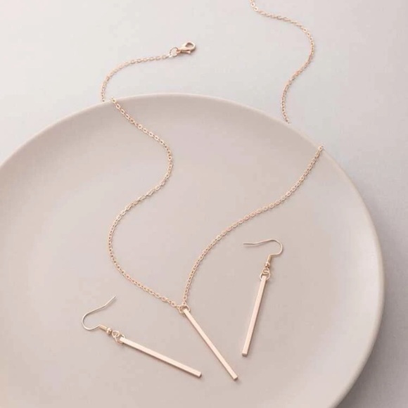 2 pcs Bar Geometric Drop Earrings and Necklace Set Rose Gold - Picture 2 of 7